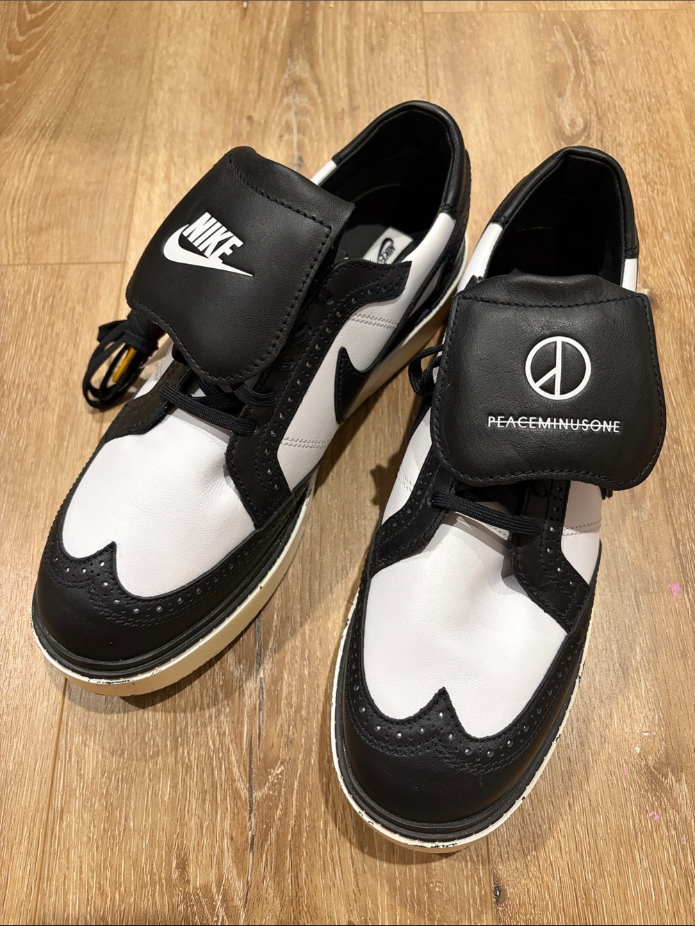 New Nike Black and White Low-Top Sneakers with PeaceMinusOne Flap, size 12